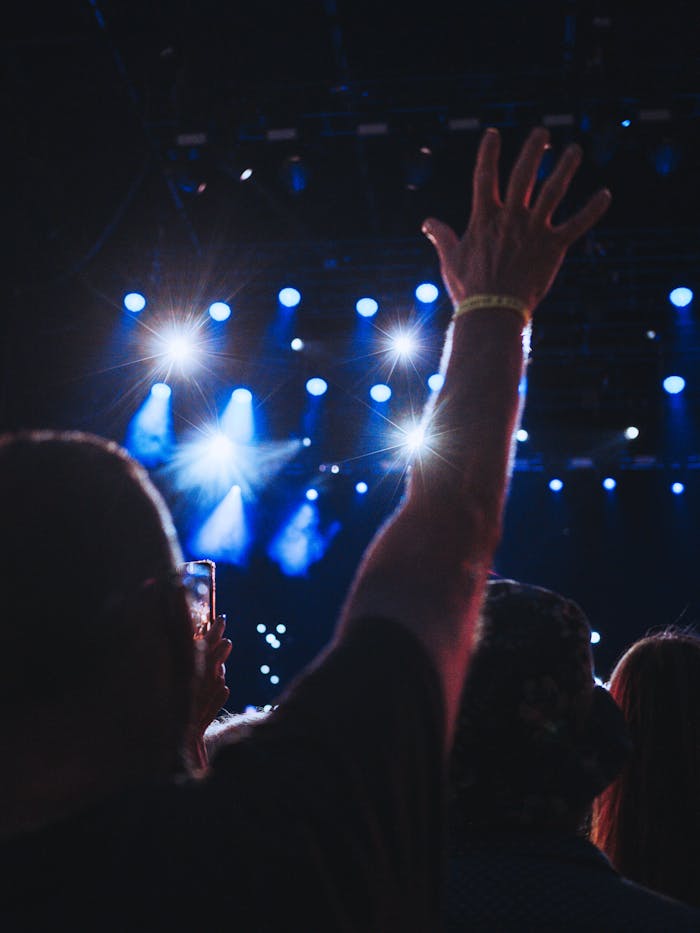 Vibrant concert scene with crowd enjoying live music under bright spotlights at night.